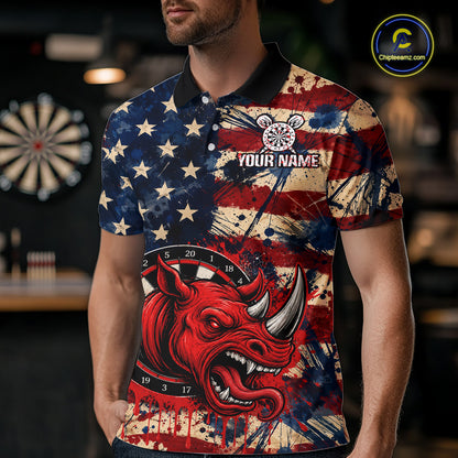 Red Dripping Rhino Funny Men Darts Polo 1/4-Zip Shirt Custom Grunge American Flag Dartboard Apparel NYN3358