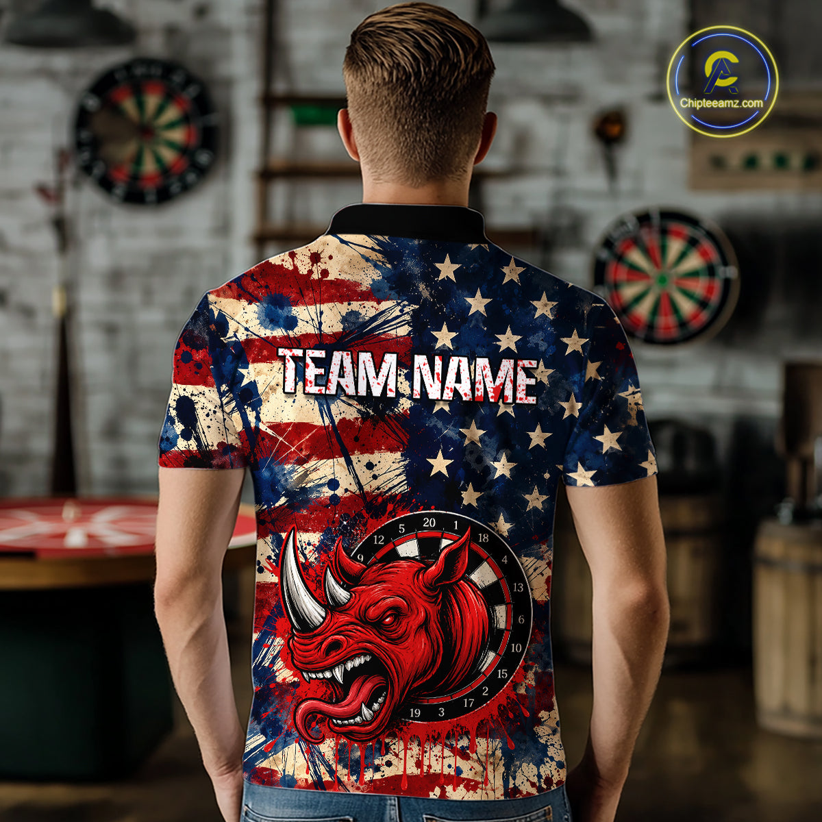 Red Dripping Rhino Funny Men Darts Polo 1/4-Zip Shirt Custom Grunge American Flag Dartboard Apparel NYN3358