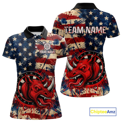 Red dripping rhino dart polo shirt for women grunge American flag apparel