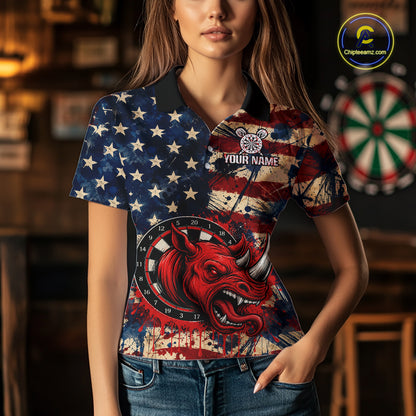 Red Dripping Rhino Funny Women Darts Polo 1/4-Zip Shirt Custom Grunge American Flag Dartboard Apparel NYN3358