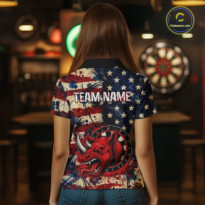 Red Dripping Rhino Funny Women Darts Polo 1/4-Zip Shirt Custom Grunge American Flag Dartboard Apparel NYN3358