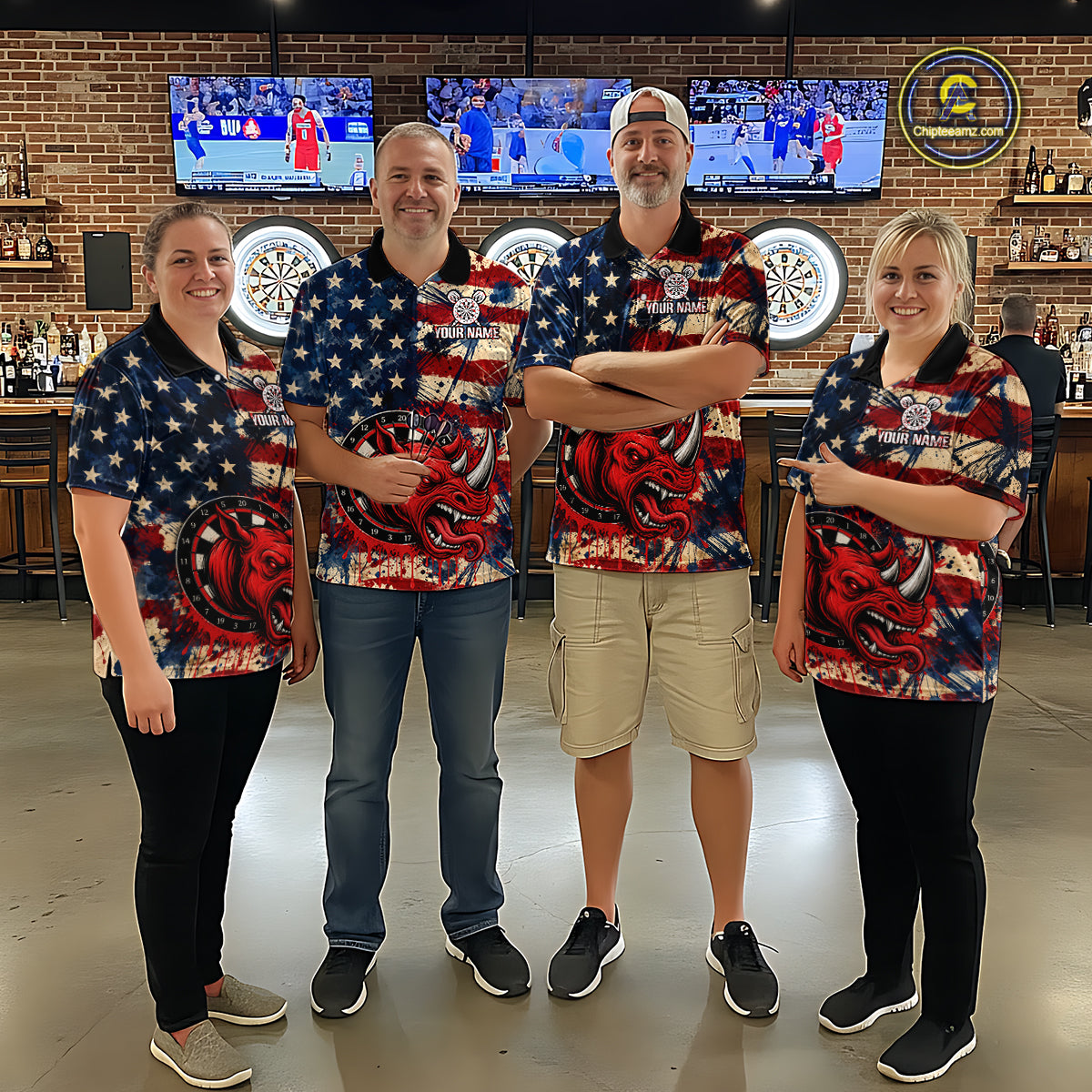 Red Dripping Rhino Funny Women Darts Polo 1/4-Zip Shirt Custom Grunge American Flag Dartboard Apparel NYN3358