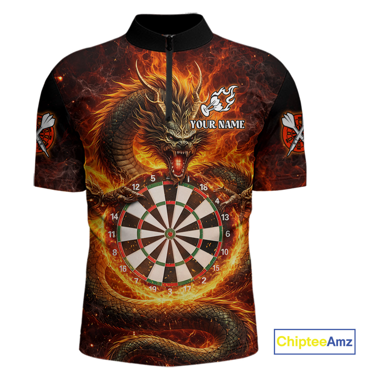 Personalized Red Flaming Dragon Dartboard Men Darts 1/4-Zip Shirt Custom Darts Team Jerseys NYN2582