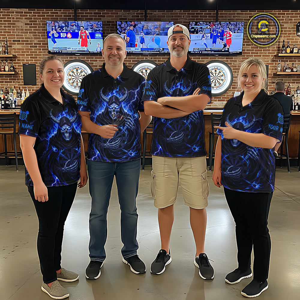 Blue Neon Flaming Grim Reaper Men Darts Polo Jerseys Custom Name Dart League Shirt NYN2065