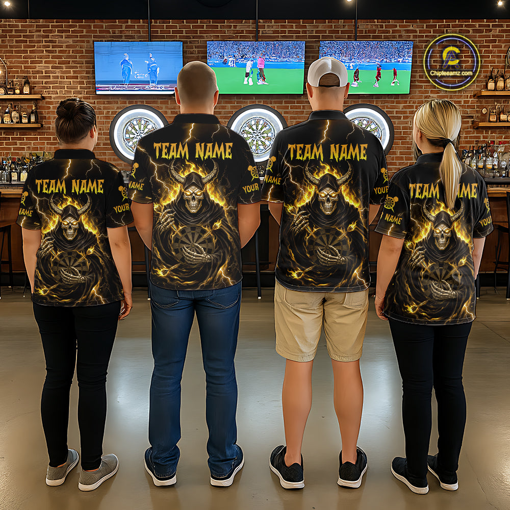 Yellow Neon Flaming Grim Reaper Women Darts Polo Jerseys Custom Name Dart League Shirt NYN2066