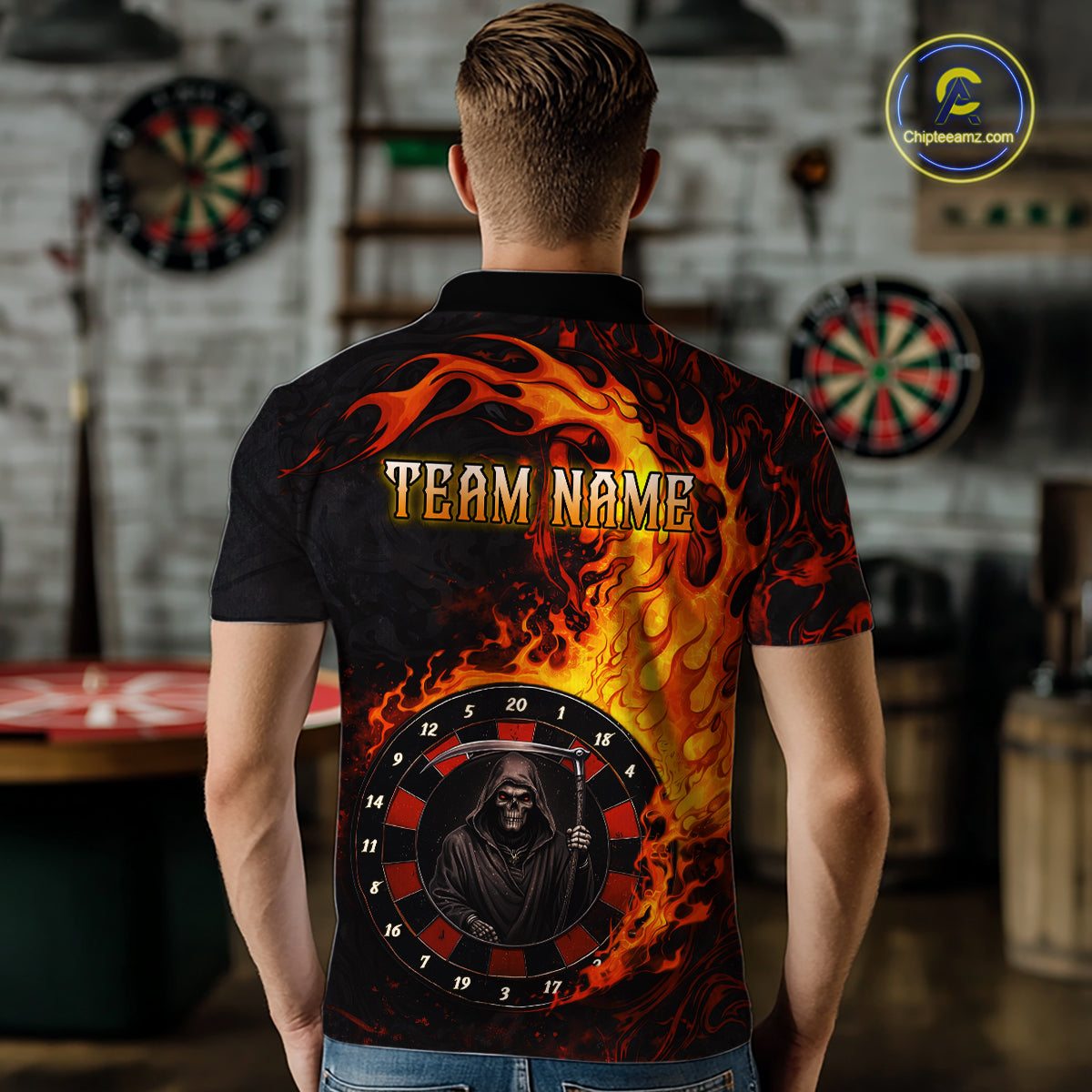 Grim Reaper Red Flaming Dartboard Men Darts Polo Shirt Personalized Grunge Darts Team Jerseys NYN2600