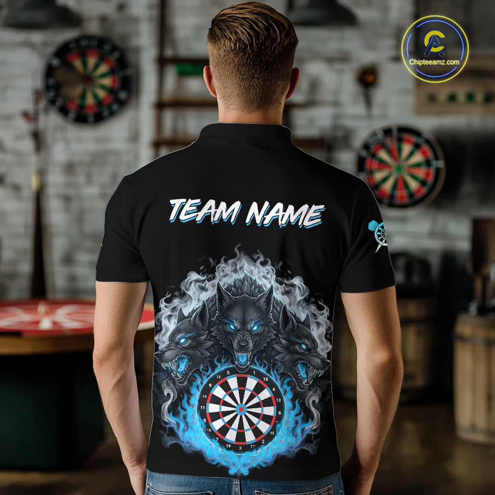 Grey And Blue Flames Wolf Custom Men's Funny Dart Polo Shirts Team Dart League Jerseys NYN2079