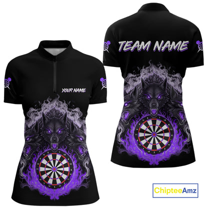 Grey And Purple Flames Wolf Custom Women's Funny Dart Quarter-Zip Shirts Team Dart League Jerseys NYN2080