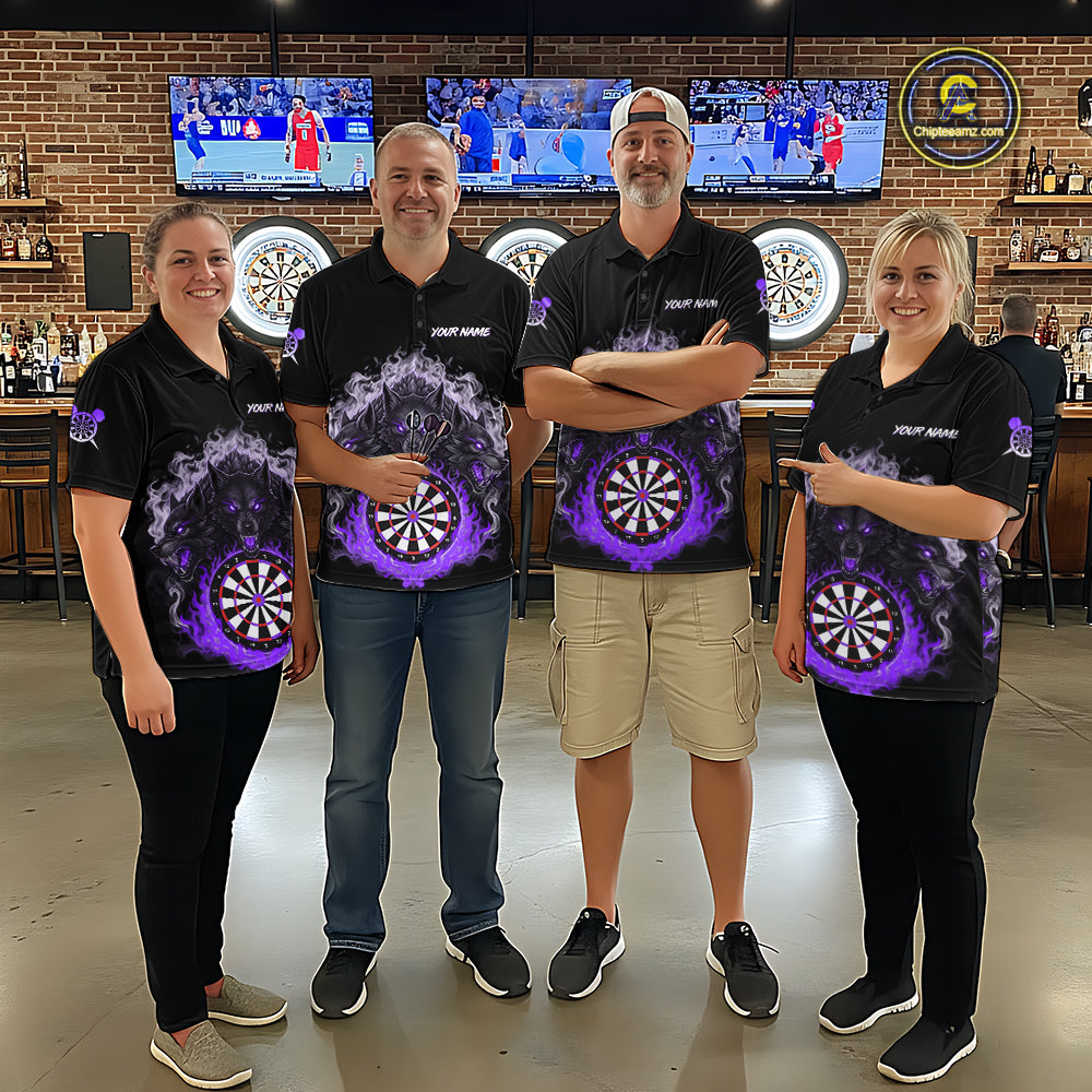 Grey And Purple Flames Wolf Custom Men's Funny Dart Polo Shirts Team Dart League Jerseys NYN2080
