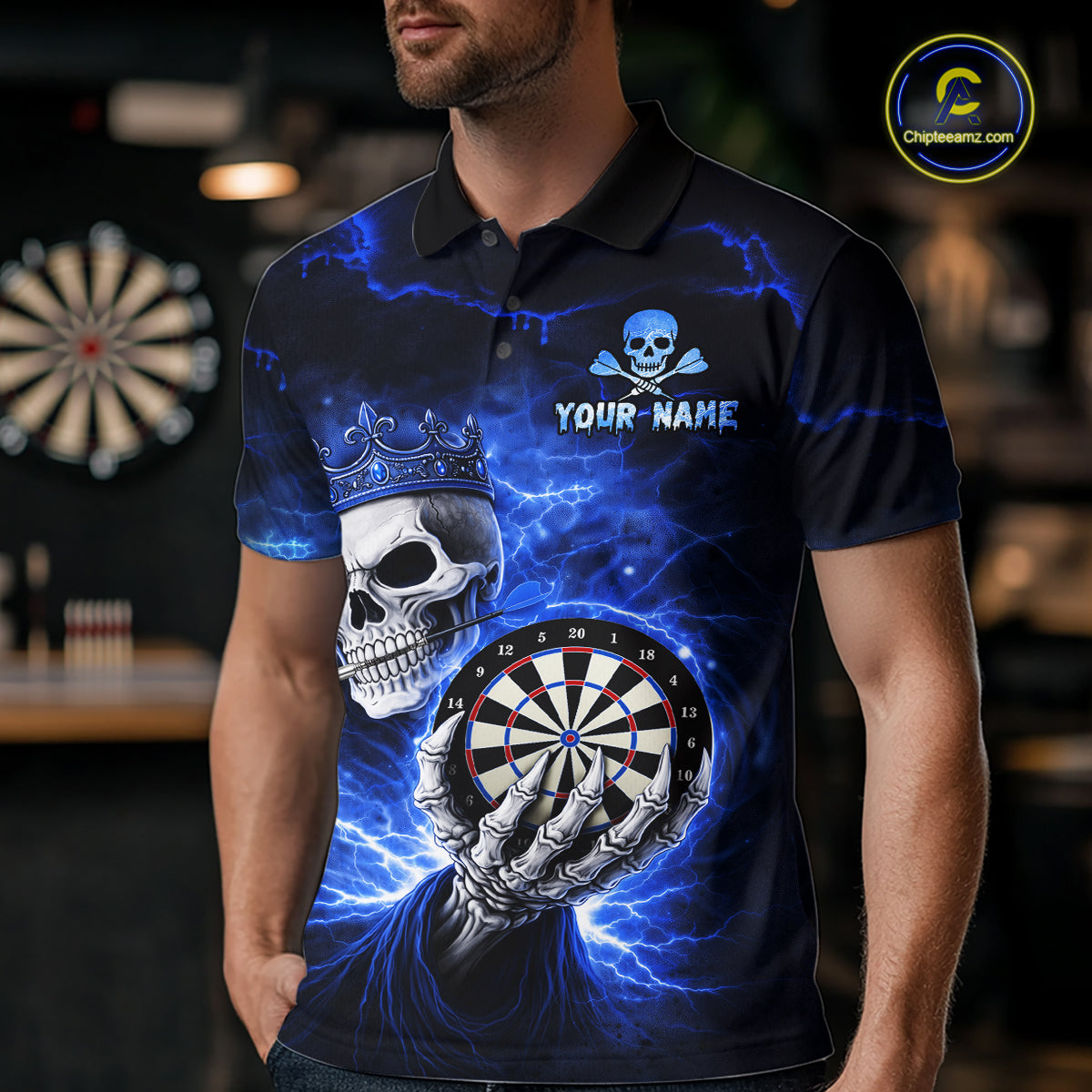 Black And Blue Thunder Crown Skull Dartboard Men Darts Polo Shirt Custom Darts Team Jersey NYN2608