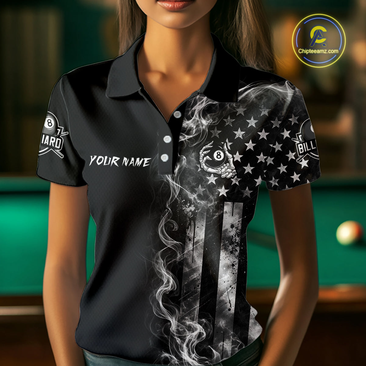 Grey Smokes American Flag 8 Ball Billiard Pool Shirt For Women Custom Billiard Skeleton Team Apparel NYN2764