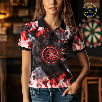 Red Flaming Tiger Women Dart Polo Shirts Personalized Name & Team Fire Flame Dart Jerseys NYN2102