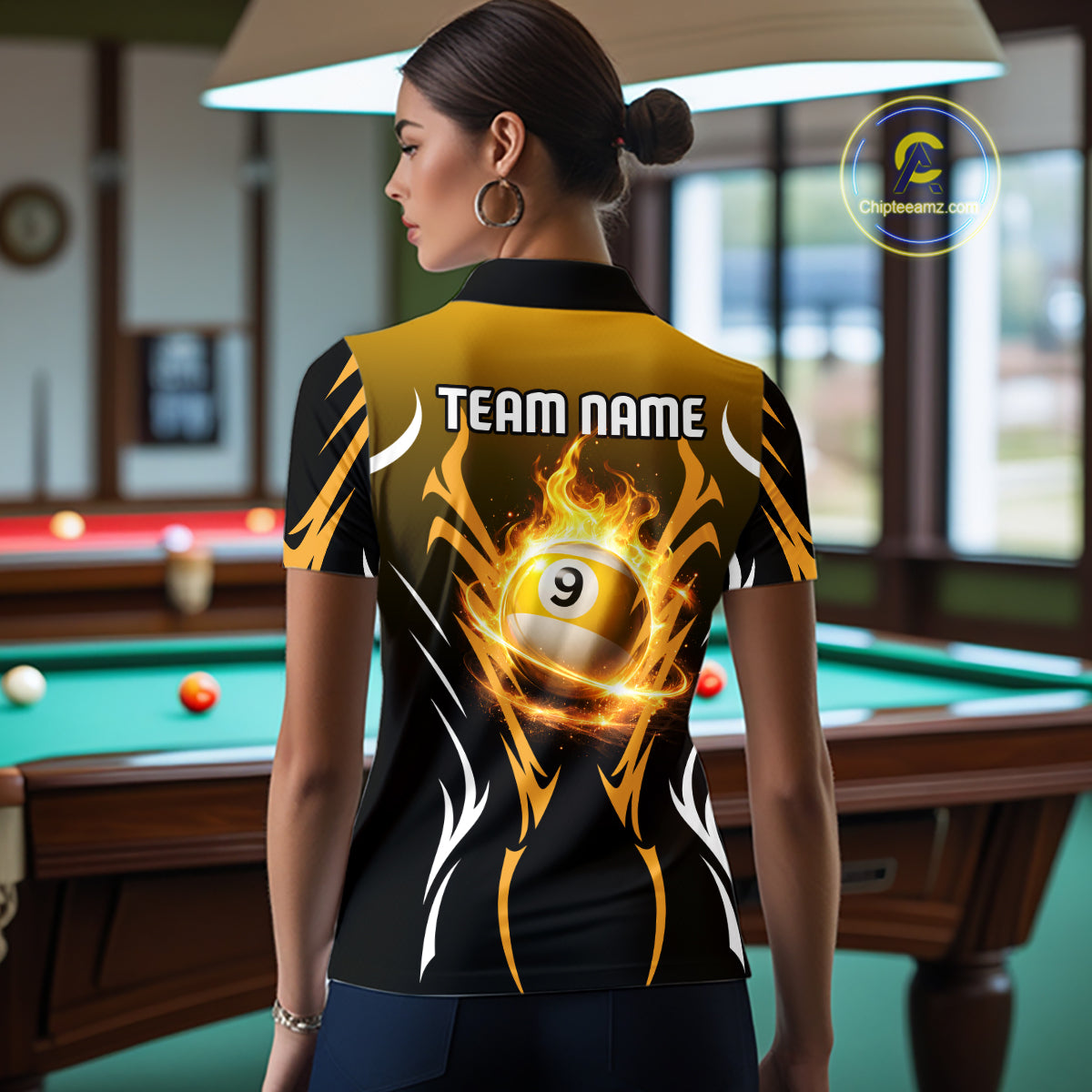 Custom Yellow Flames 8 Ball Women's Billiard Shirts Personalized Billiard Cue Attire Gifts NYN2339
