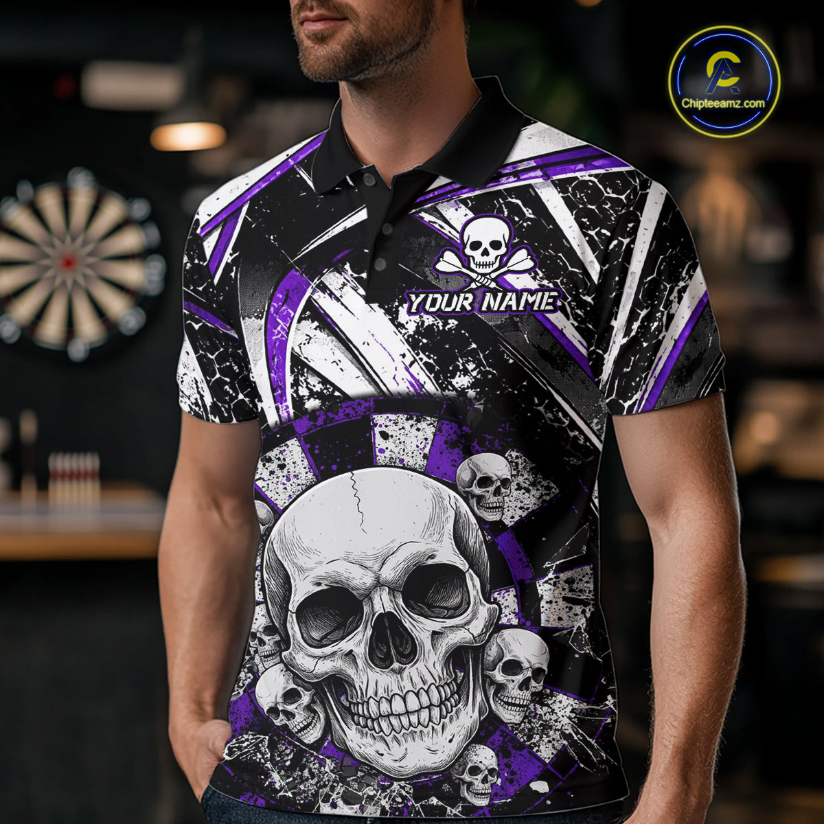 Black & Purple Dartboard Grunge Men Darts Polo Shirts Custom Multi-Skull Dart Team Jerseys NYN2350