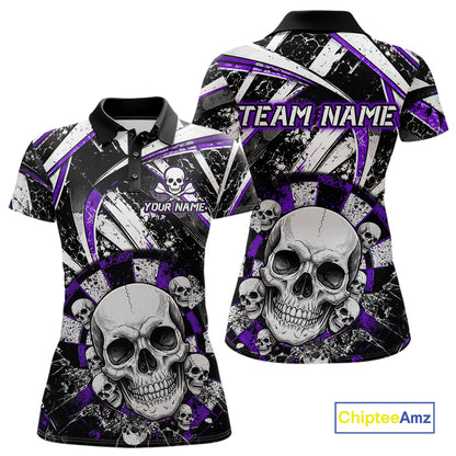 Black & Purple Dartboard Grunge Women Darts Polo Shirts Custom Multi-Skull Dart Team Jerseys NYN2350