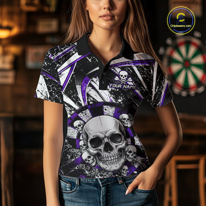 Black & Purple Dartboard Grunge Women Darts Polo Shirts Custom Multi-Skull Dart Team Jerseys NYN2350