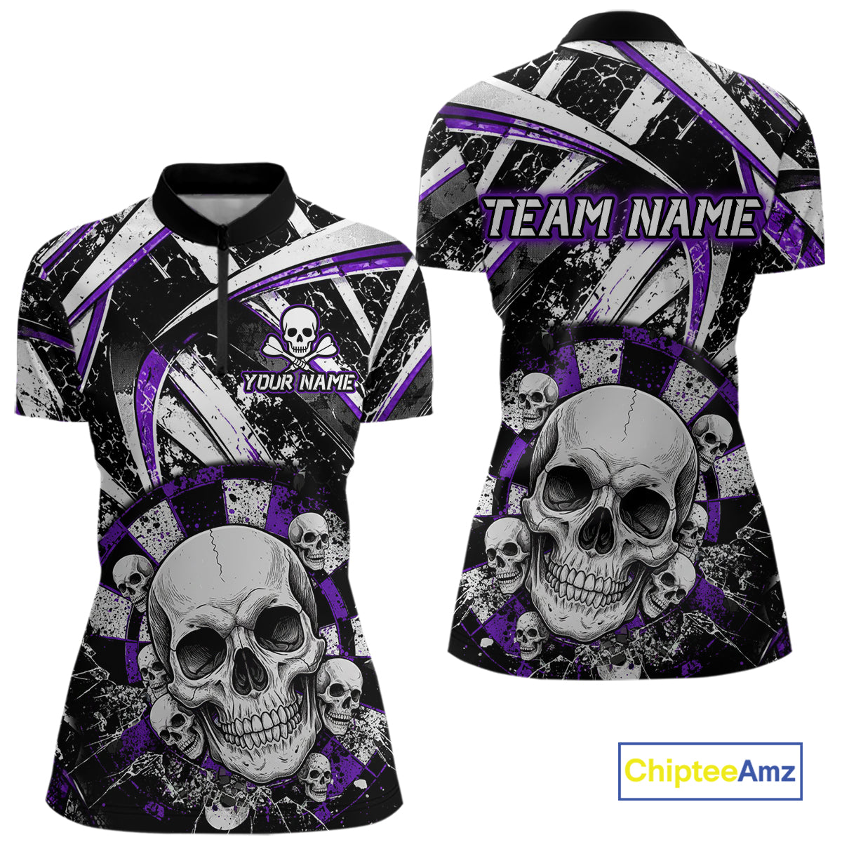 Black & Purple Dartboard Grunge Women Darts 1/4-Zip Shirts Custom Multi-Skull Dart Team Jerseys NYN2350
