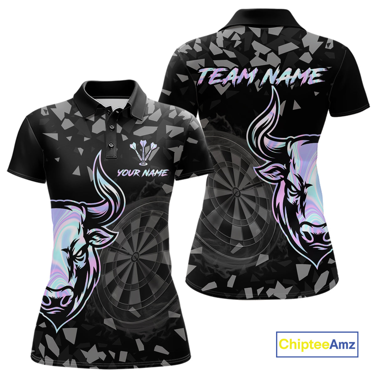 Bull & Dartboard Custom Grunge Women Darts Polo Shirt Holographic Darts Team Jersey NYN2353