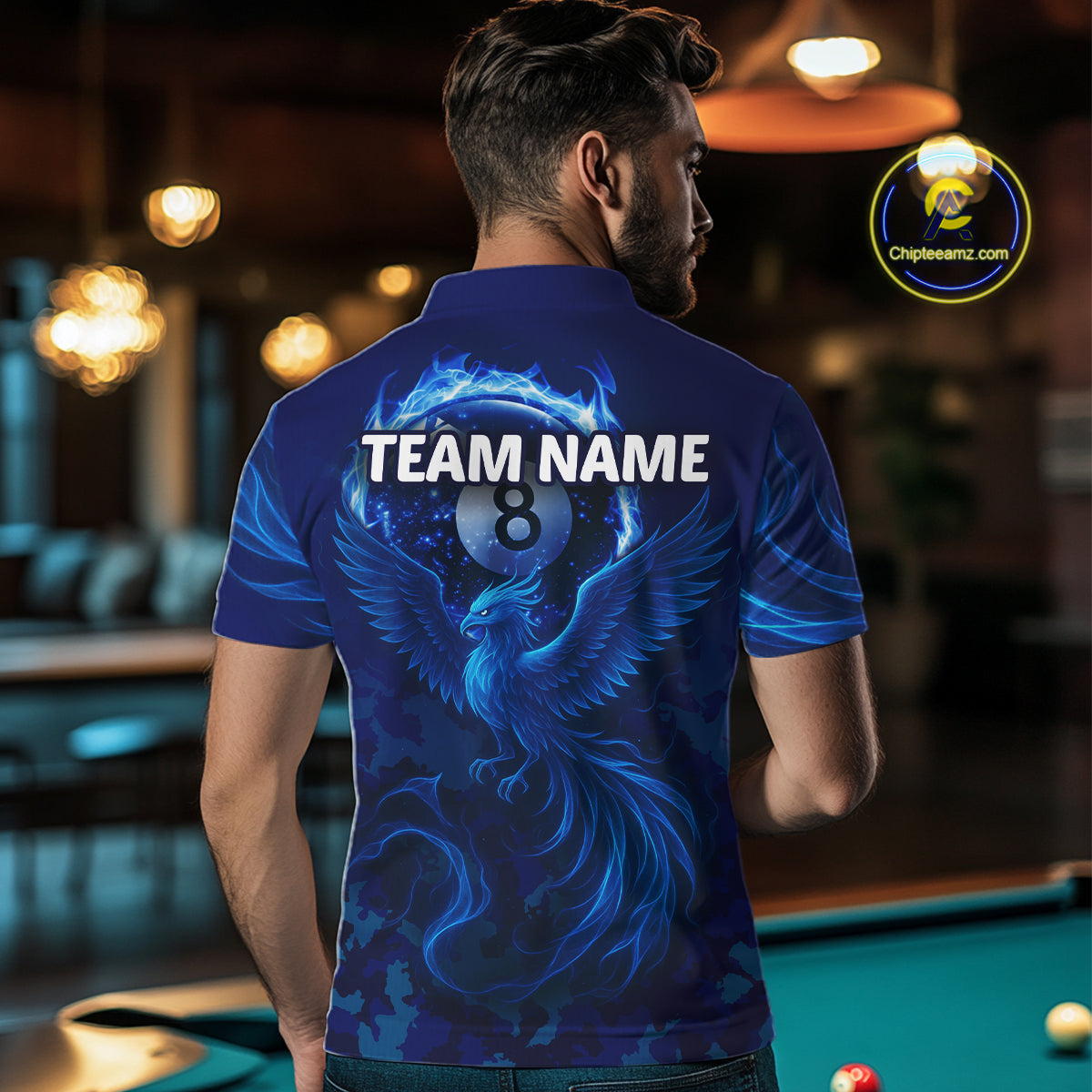 Blue Camouflage Men's Billiard Polo & 1/4 Zip Shirt Custom Flame 8 Ball Billiard Jerseys NYN2359
