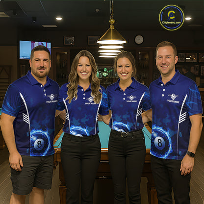 Blue Camouflage Women's Billiard Polo & 1/4 Zip Shirt Custom Flame 8 Ball Billiard Jerseys NYN2359