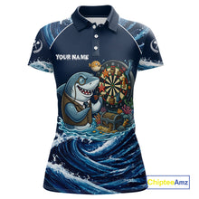 Load image into Gallery viewer, Blue Waving Funny Shark Play Darts Polo &amp; 1/4-Zip Shirt For Women Custom Name Dart Jersey For Darters NYN2977