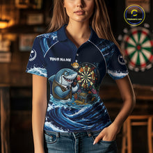 Load image into Gallery viewer, Blue Waving Funny Shark Play Darts Polo &amp; 1/4-Zip Shirt For Women Custom Name Dart Jersey For Darters NYN2977