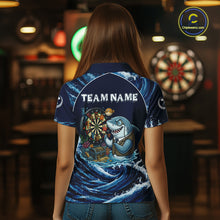 Load image into Gallery viewer, Blue Waving Funny Shark Play Darts Polo &amp; 1/4-Zip Shirt For Women Custom Name Dart Jersey For Darters NYN2977