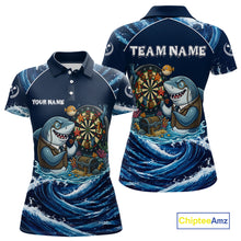 Load image into Gallery viewer, Blue Waving Funny Shark Play Darts Polo &amp; 1/4-Zip Shirt For Women Custom Name Dart Jersey For Darters NYN2977