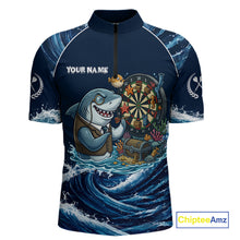 Load image into Gallery viewer, Blue Waving Funny Shark Play Darts Polo &amp; 1/4-Zip Shirt For Men Custom Name Dart Jersey For Darters NYN2977