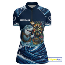 Load image into Gallery viewer, Blue Waving Funny Shark Play Darts Polo &amp; 1/4-Zip Shirt For Women Custom Name Dart Jersey For Darters NYN2977