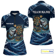 Load image into Gallery viewer, Blue Waving Funny Shark Play Darts Polo &amp; 1/4-Zip Shirt For Women Custom Name Dart Jersey For Darters NYN2977
