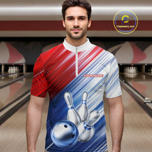 Load image into Gallery viewer, Red And Blue Strike Bowling Shirt For Men Custom Polo Quarter-Zip Bowling Team Jersey NYN3679