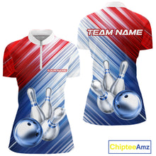 Load image into Gallery viewer, Red And Blue Strike Bowling Shirt For Women Custom Polo Quarter-Zip Bowling Team Jersey NYN3679