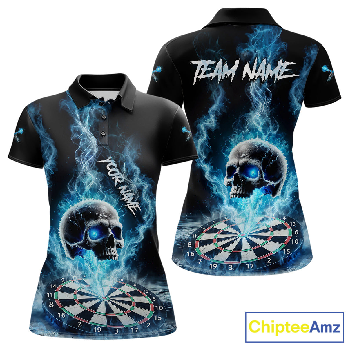 Custom Blue Ice Smoke Skull Dartboard Darts Polo Shirt For Women Dart League Jerseys NYN2122