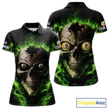 Load image into Gallery viewer, Green Flaming Cracked Skull 8 Ball &amp; 9 Ball Pool Billiard Shirt For Women Custom Billiard Apparel NYN2635