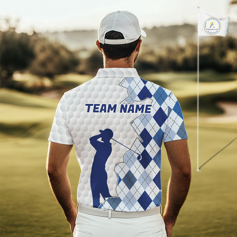 Custom Argyle Pattern Golf Polo Shirts For Men, Blue Argyle Golf Ball White Golf Clothing Shirts NYN2990