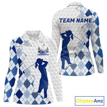 Load image into Gallery viewer, Custom Argyle Pattern Golf Polo Shirts For Women, Blue Argyle Golf Ball White Golf Clothing Shirts NYN2990