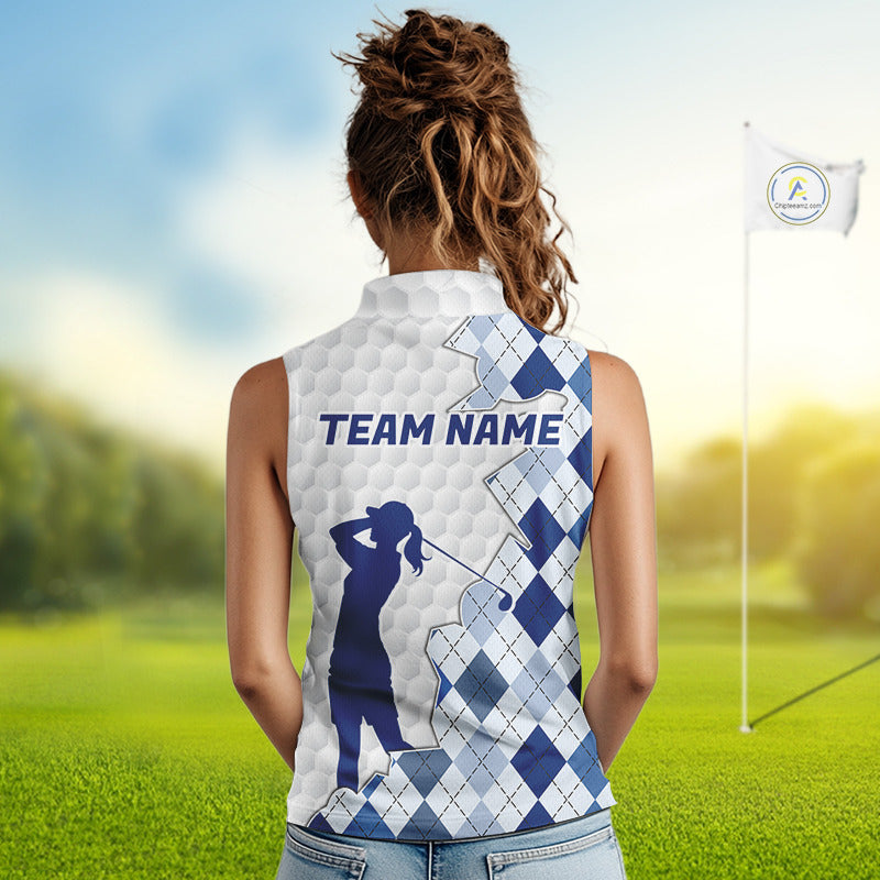 Custom Argyle Pattern Golf Sleeveless Polo Shirts For Women, Blue Argyle Golf Ball White Golf Clothing Shirts NYN2990