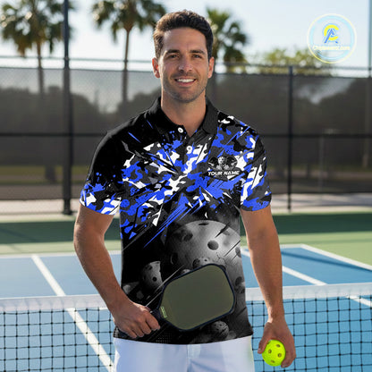 Custom Black & Blue Camo Men Pickleball League Jerseys Grunge Pickleball Paddle Shirts NYN2138