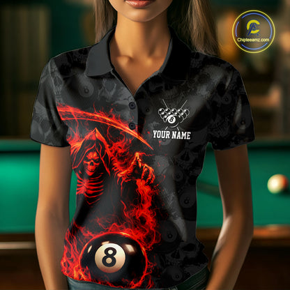 Personalized Red Flaming Grim Reaper 8 Ball Pool Billiard Shirts For Women Billiard Attire Gifts NYN2792