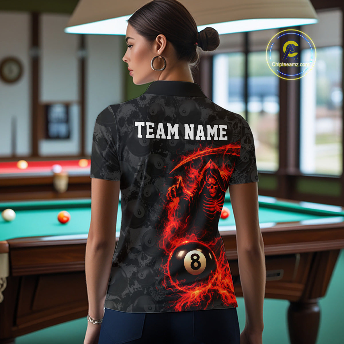 Personalized Red Flaming Grim Reaper 8 Ball Pool Billiard Shirts For Women Billiard Attire Gifts NYN2792
