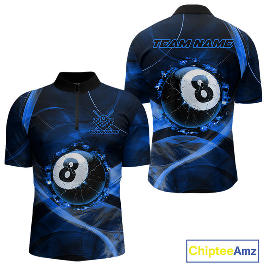 Blue Smoke Cracked 8 Ball Pool Shirt For Men Custom Billiard Polo Quarter Zip Team Jersey