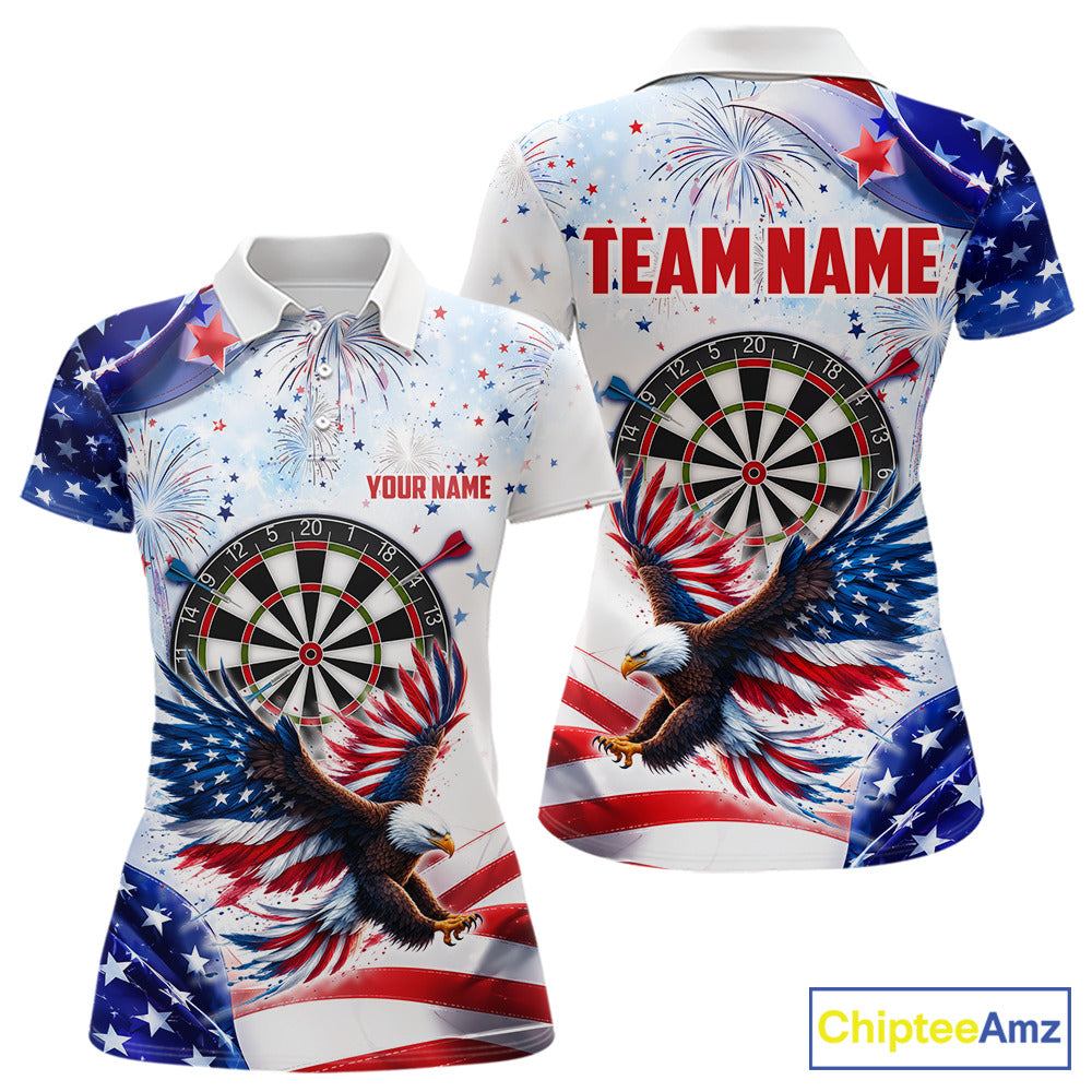 American Flag Eagle women's darts polo featuring patriotic eagle and USA flag artwork, custom darts team jersey, veterans tournament apparel, personalized championship league uniform