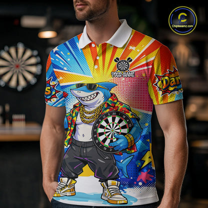 Funny Rich Cool Shark Hold Dartboard Men Darts Polo Shirt Custom Pop Art Dart League Shirt NYN2646
