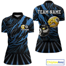 Load image into Gallery viewer, Funny 8 Ball &amp; 9 Ball Billiard Polo &amp; 1/4 Zip For Women Custom Pool Cue Pattern Billiard Jerseys |Blue NYN3018