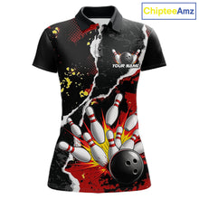 Load image into Gallery viewer, Grunge Black &amp; Red Strike Bowling Ball &amp; Pins Shirts For Women Personalized Bowling Team Outfits NYN3186