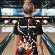 Load image into Gallery viewer, Grunge Black &amp; Red Strike Bowling Ball &amp; Pins Shirts For Women Personalized Bowling Team Outfits NYN3186