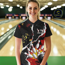 Load image into Gallery viewer, Grunge Black &amp; Red Strike Bowling Ball &amp; Pins Shirts For Women Personalized Bowling Team Outfits NYN3186