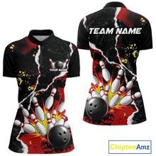Load image into Gallery viewer, Grunge Black &amp; Red Strike Bowling Ball &amp; Pins Shirts For Women Personalized Bowling Team Outfits NYN3186