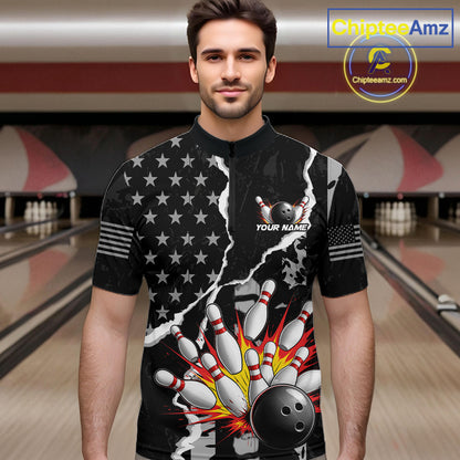 Grunge Black US Flag Strike Bowling Ball & Pins Shirts  For Men Custom Patriot Bowling Team Outfits NYN3186